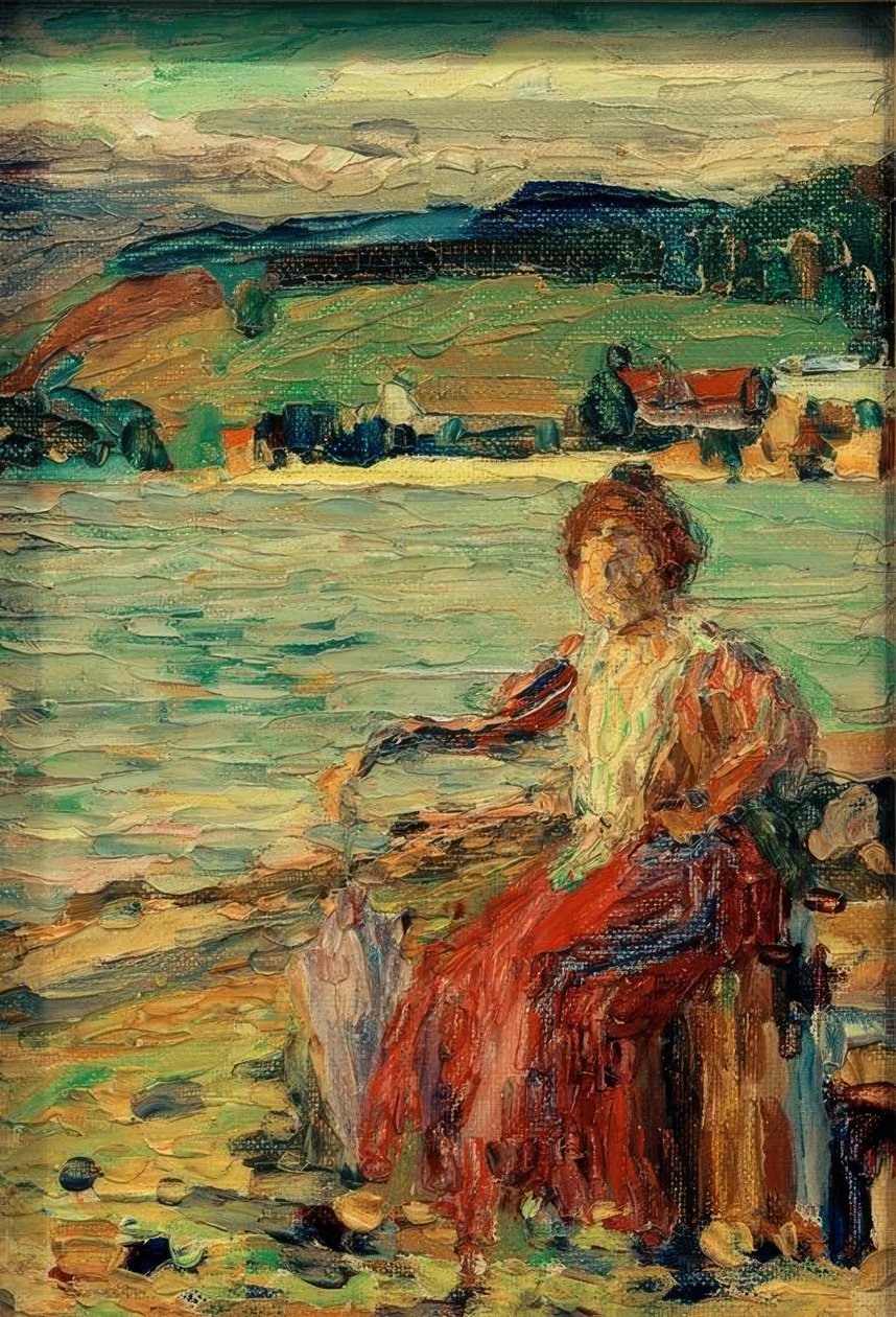 Göl kıyısında kırmızı bir elbiseyle by Wassily Kandinsky