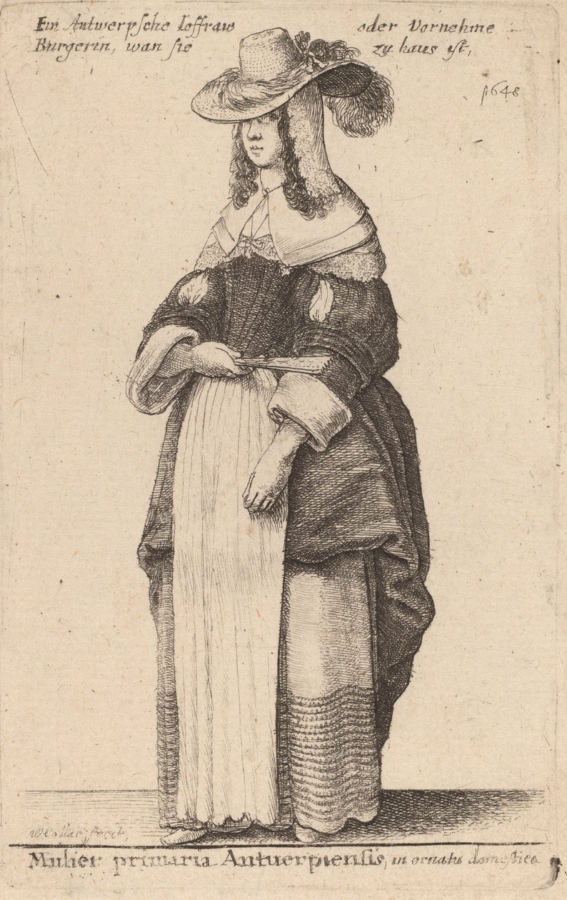 Ev kıyafetleri içinde ilk Antuerpian kadın. by Wenceslaus Hollar