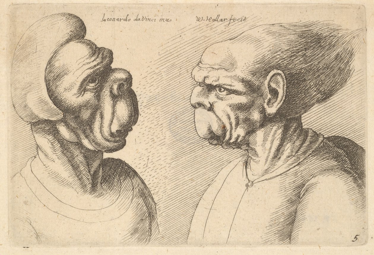 İçe dönük iki deforme kafa, 1625-77. by Wenceslaus Hollar