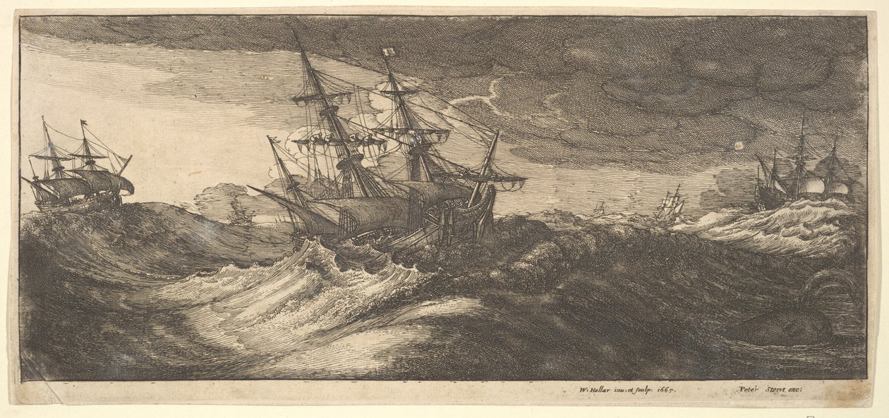 Savaş gemisi ve fışkırtan bir balina, 1665. by Wenceslaus Hollar