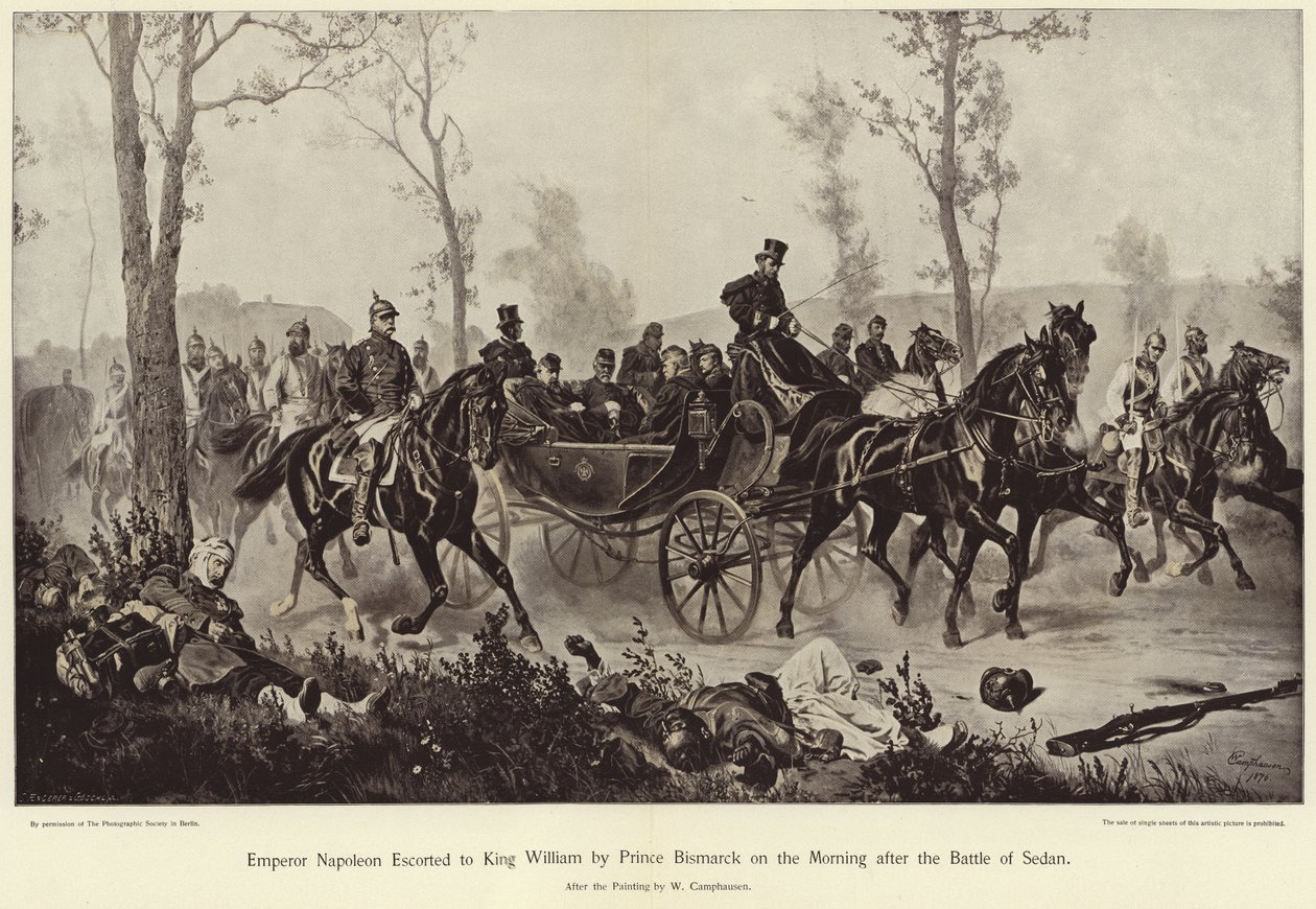 Emperor Napoleon escorted to King William by Prince Bismarck on the morning after the Battle of Sedan  by Wilhelm Camphausen