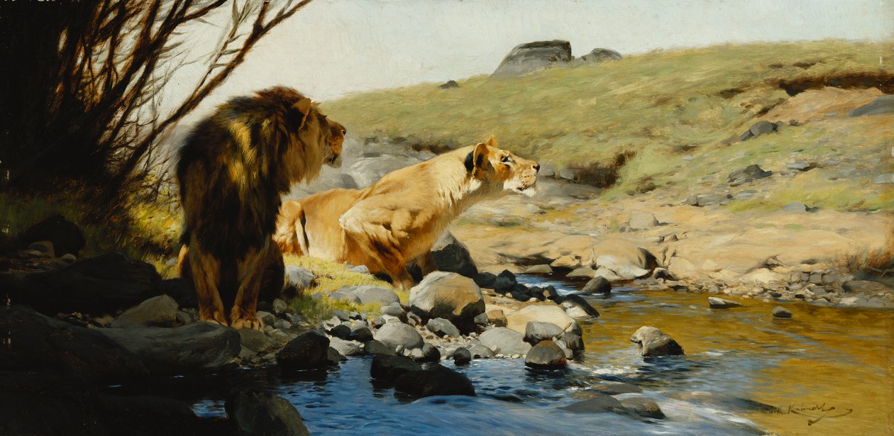 Bir Derede Aslan ve Dişi Aslan, by Wilhelm Kuhnert