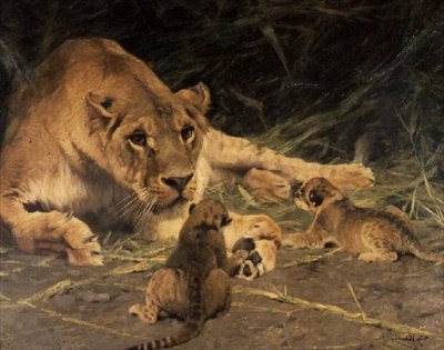 Bir dişi aslan ve yavruları by Wilhelm Kuhnert