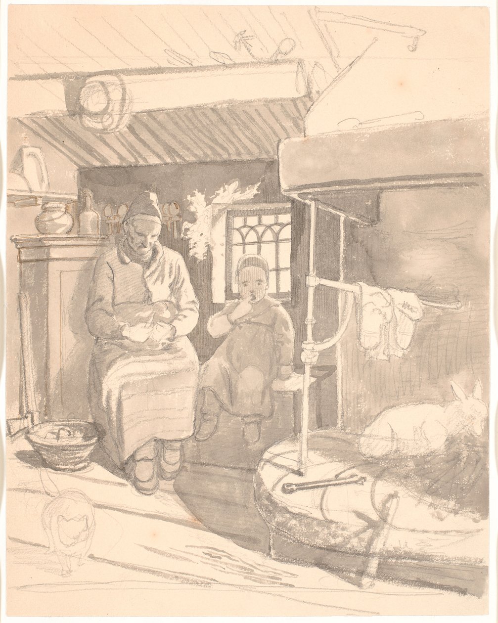 Yaşlı karısı ve çocukları ile İsveç çiftlik evi by Wilhelm Marstrand
