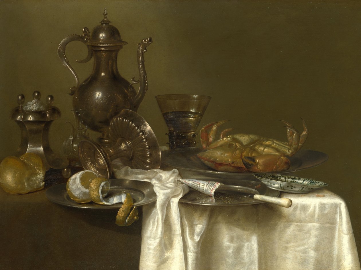 Natürmort: Kalaylı ve Gümüş Kaplar ve Yengeç, c.1633-37 by Willem Claesz. Heda