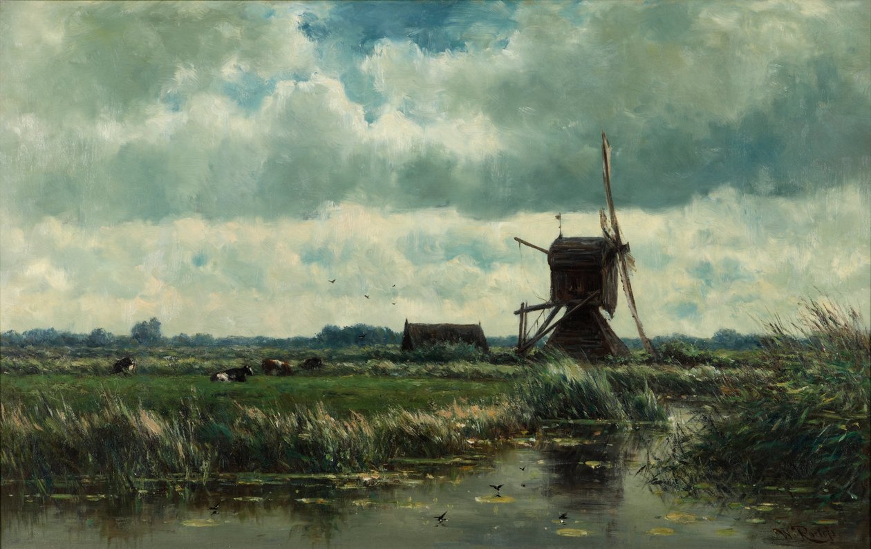 Abcoude yakınlarında yel değirmeni olan polder manzarası by Willem Roelofs