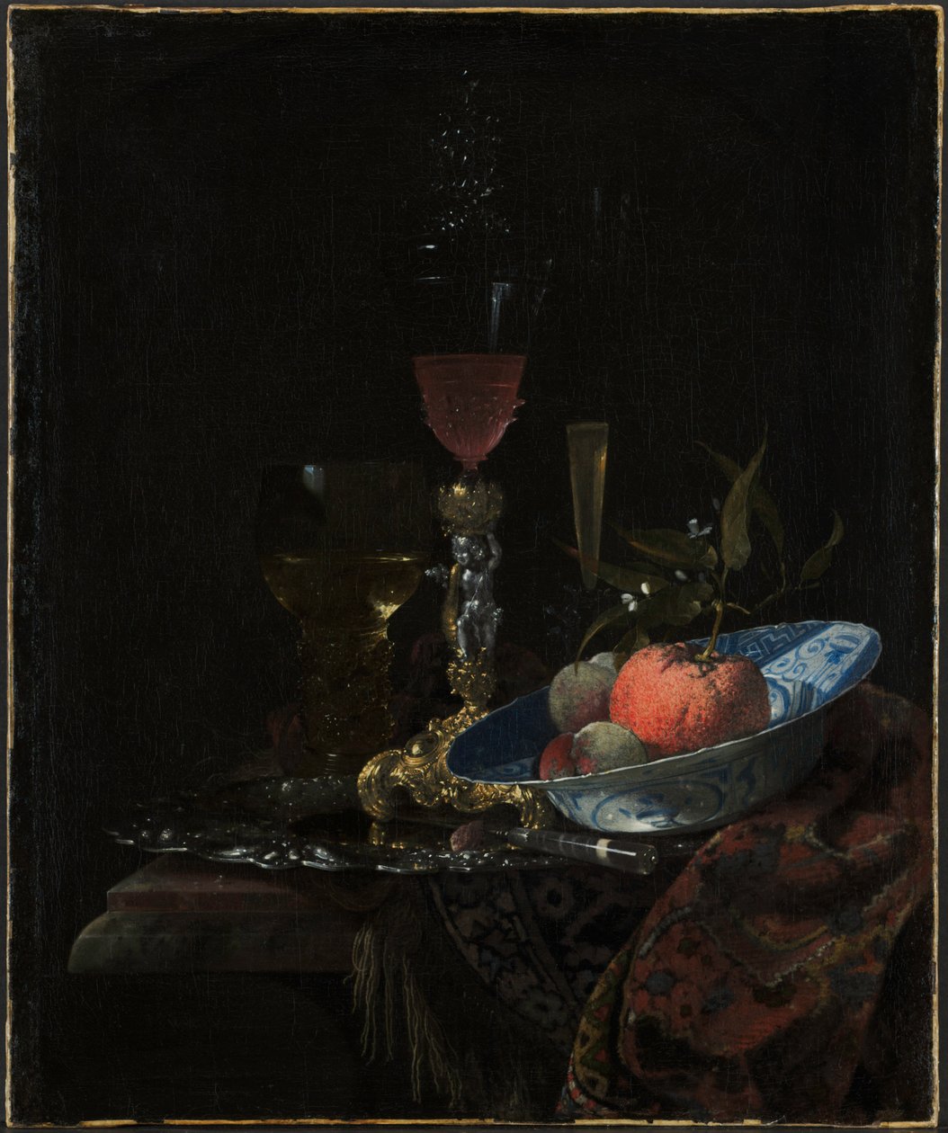 Şarap kadehi ve bir kase meyve by Willem Kalf
