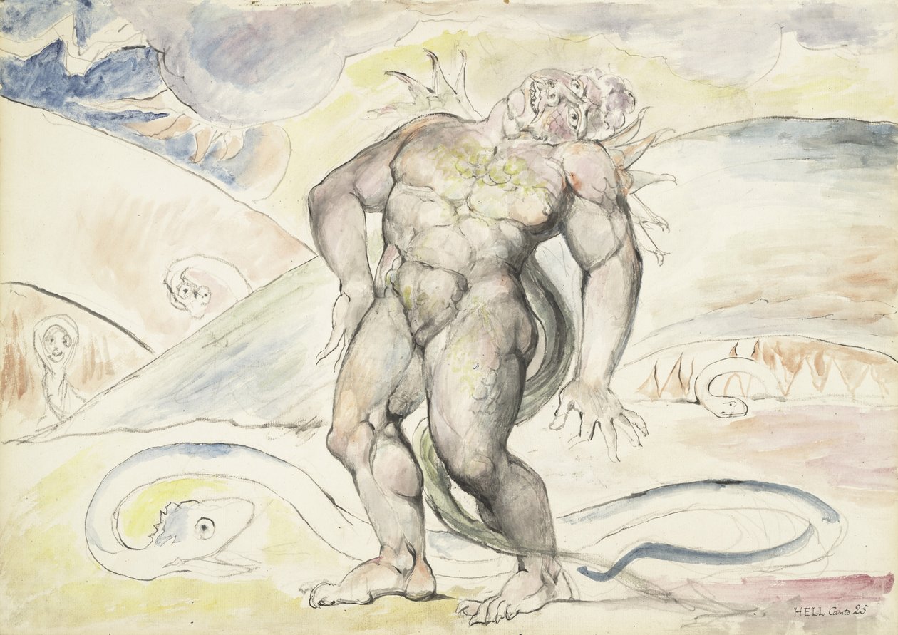 Agnello de Brunelleschi of Florence being transformed into a serpent, illustration to the Divine Comedy by Dante Alighieri, 1824-27 (pen & ink with wc over pencil and chalk on paper) by William Blake