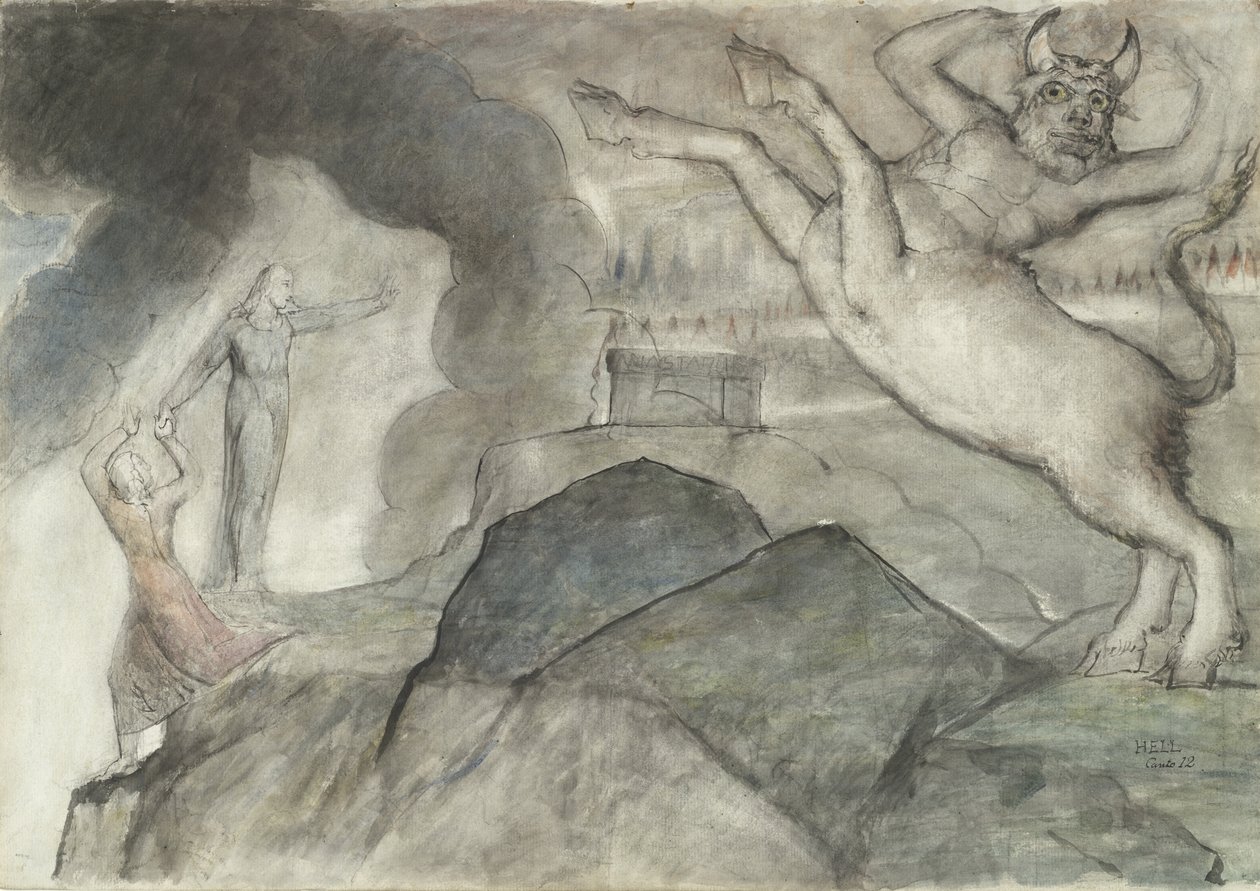 Púkar sem kvelja tálbeitendur Malebolge, mynd til guðdómlegrar gamanmyndar eftir Dante Alighieri, 1824-27 (penni og blek með wc yfir blýanti og krít á pappír) by William Blake