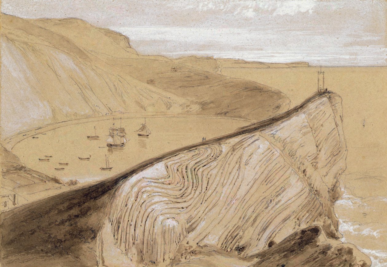 Lulworth Koyu (bej dokuma kağıt üzerine wc, guaj ve grafit) by William Daniell