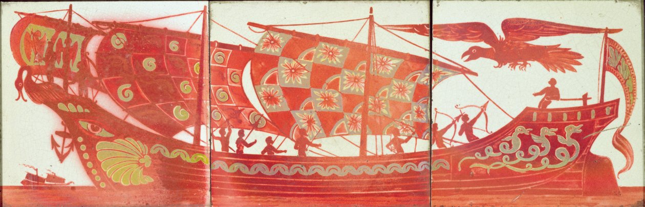 Bir gemiyi tasvir eden üç çini (seramik) by William de Morgan