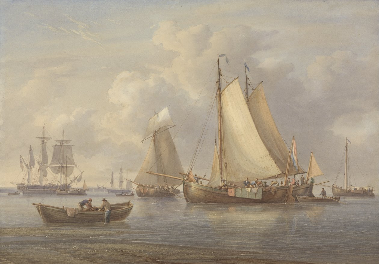 Anchor in an Estuary'de Hollanda Balıkçı Tekneleri, c.1850-60 (kağıt üzerinde kazıma ve sakız ile wc) by William Joy