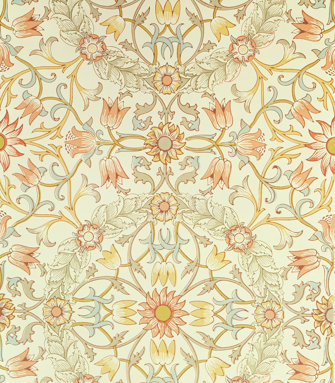 William Morris (1834-96) tarafından tasarlanan güllerle çevrili lilyum çiçek desenli duvar kağıdı by William Morris