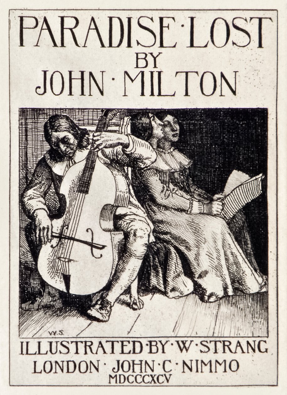 John Milton (1608-1674) tarafından Kayıp Cennet'ten başlık sayfası, Milton'ın kızları için Çello çaldığını gösteren William Strang (1859-1921) tarafından kazınmış 12 resimlik bir dizi. by William Strang