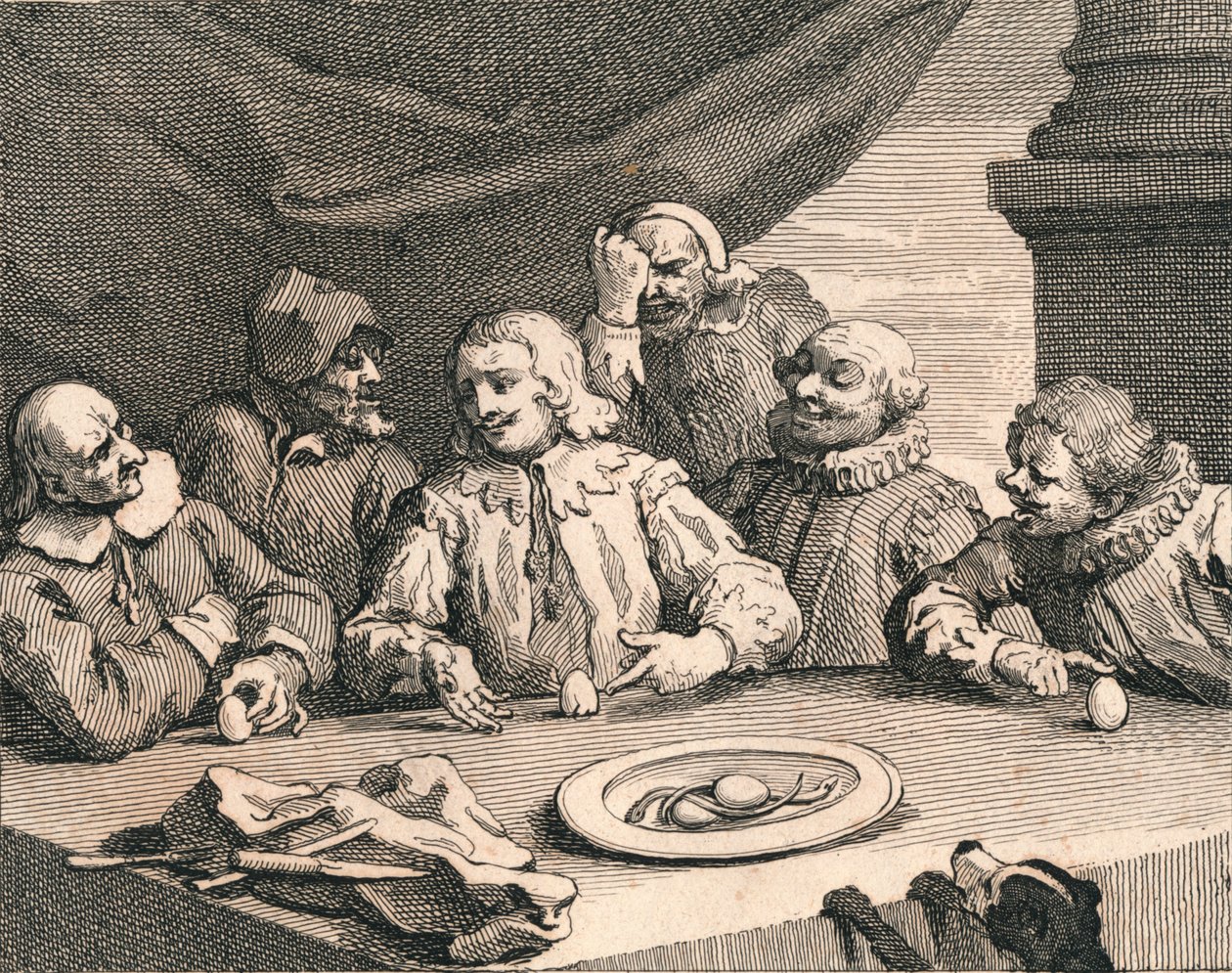 Kristof Kolomb yumurtayı kırıyor, 1753. by William Hogarth