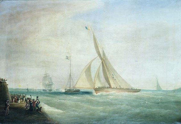 HMS-'Coquette'-ve-'Falcon'-Lord-Yarborough-gemide-ve-the-Royal-Yacht-ile-King-William-in-board-the-Isle-of-Wight'ın dışında, -c.1830-37 by William John Huggins