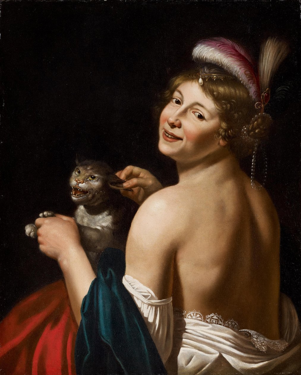 Bir fahişeyi kedinin kulağından çekmek by Workshop of Jan van Bijlert