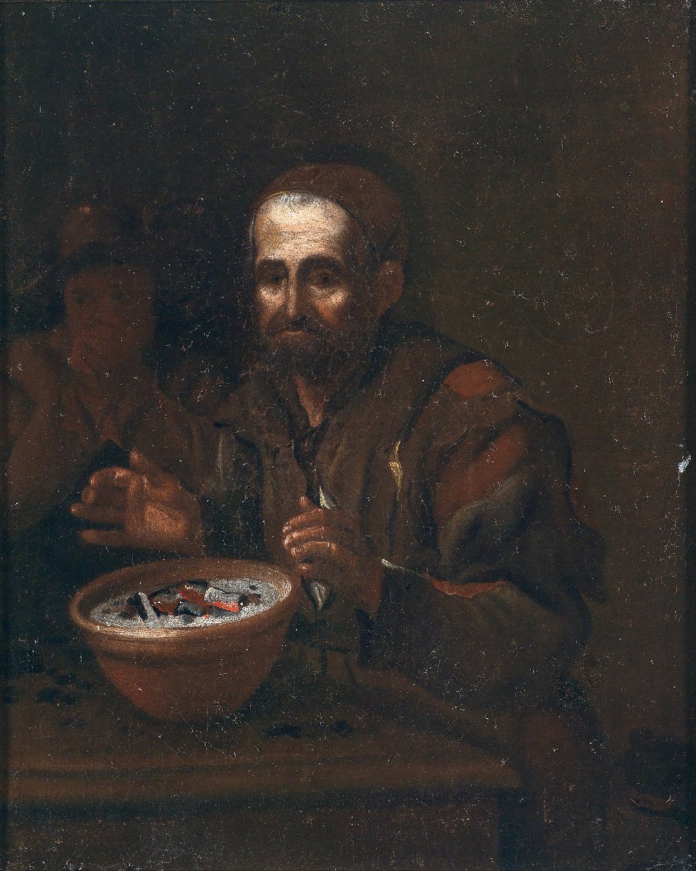 Kömür ateşiyle ısınan yaşlı adam by Workshop of Michiel Sweerts