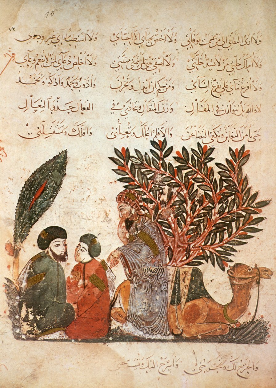 Ms Ar 5847 f.10, The caravan stopping: Al-Harith (al-Hariri) listening conversion between and man and his son, from Al Maqamat by Al Hariri, c.1240 (gouache on vellum) by Yahya ibn Mahmud Al Wasiti