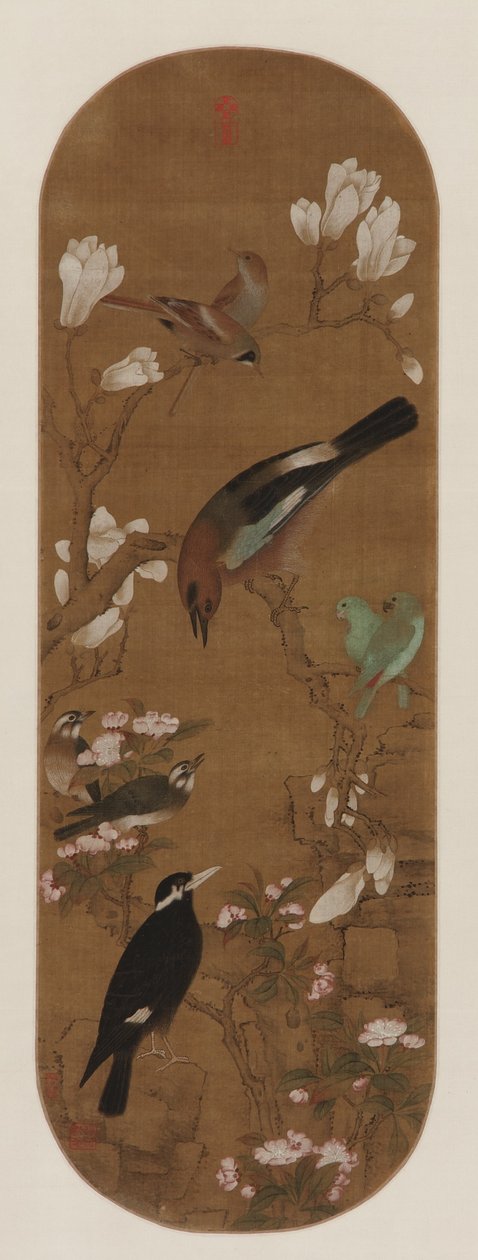 Kuşlar ve çiçekler, Qing hanedanı (ipek üzerine mürekkep ve renk) by Yu Zhiding