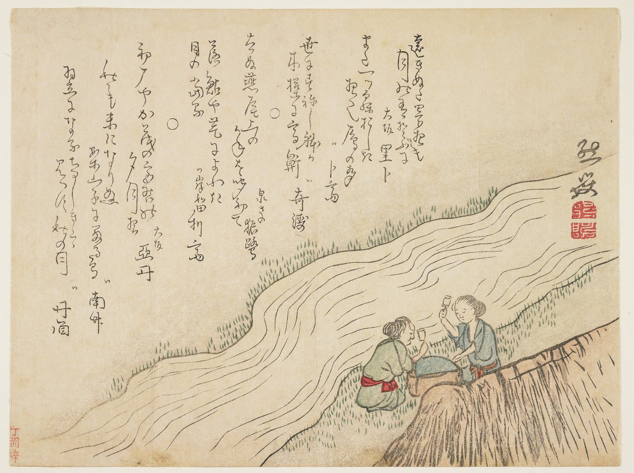 İki kadın ipek dövüyor, c.1854-59 (renkli tahta baskı) by Zengaku