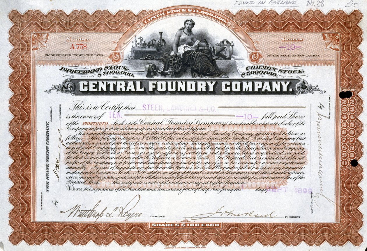 Central Foundry hisse senedi, Brezilya by Frederick (attr. to) Barnard
