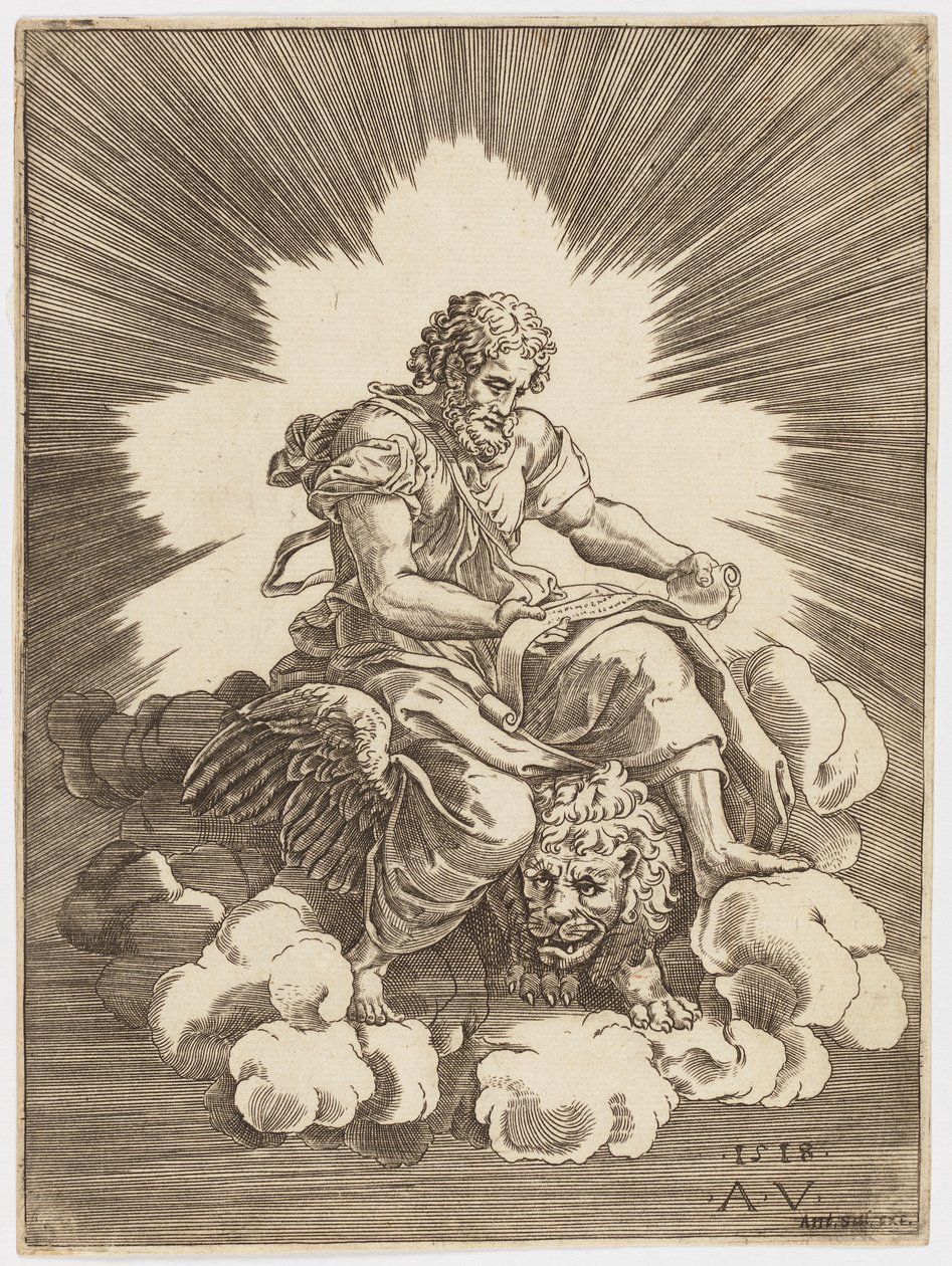 Bir Aslan üzerinde oturan Aziz Mark by after Giulio Romano