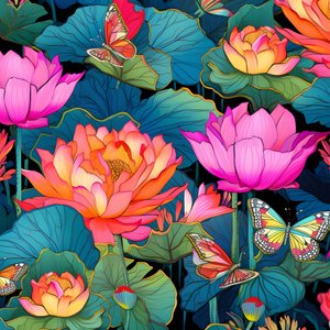 Lotus çiçekleri ve kelebeklerin kusursuz deseni 3