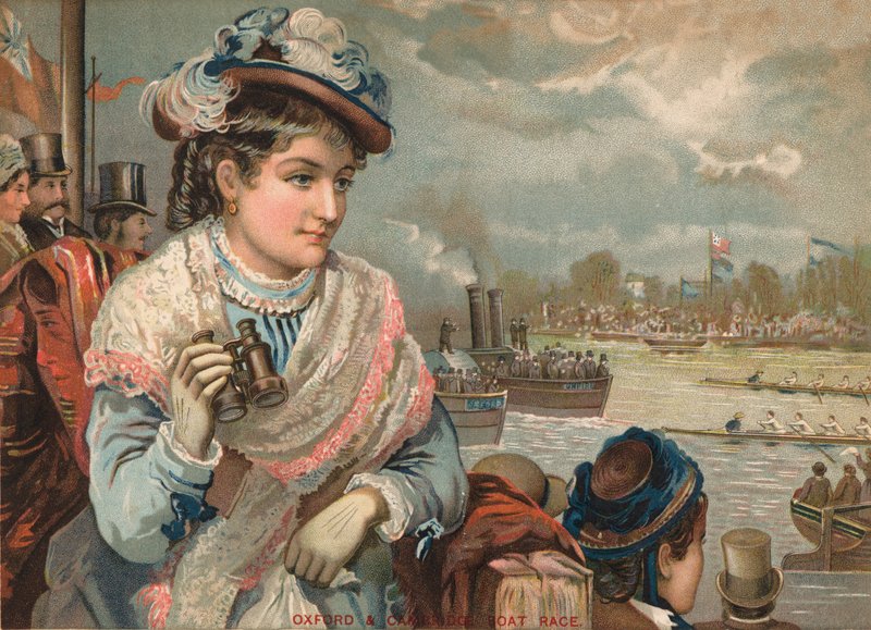Oxford ve Cambridge tekne yarışını izleyen bayan, 1890 dolayları. by English School
