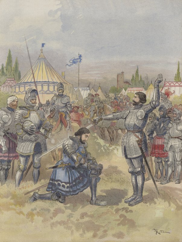 Bayard, Francois I şövalyesini silahlandırıyor by Albert Robida
