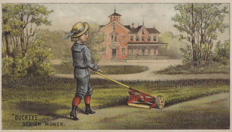 Kır evinin dışında çim biçen çocuk (chromolitho) by American School
