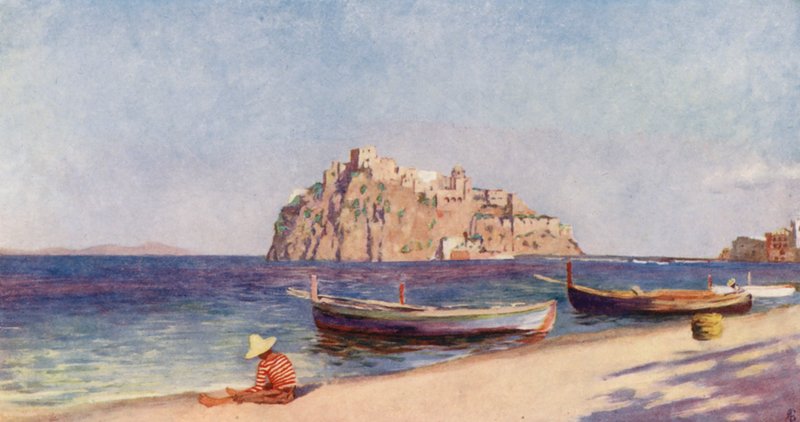 Pescara Kalesi, Ischia (renkli litho) by Augustine Fitzgerald