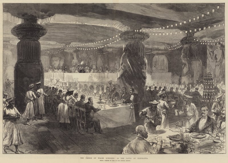 Galler Prensi Elephanta Mağaralarında öğle yemeği yiyor by Sir John Charles Robinson