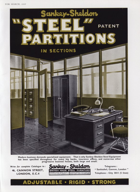 Sankey-Sheldon Çelik Bölmeler için Reklam, 1937 by English School