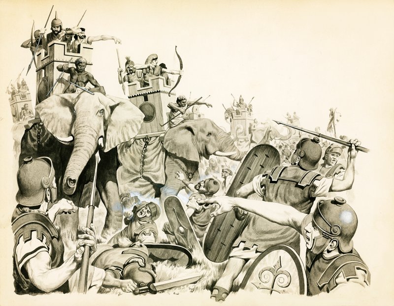Carthaginians using their elephants against the Romans by English School