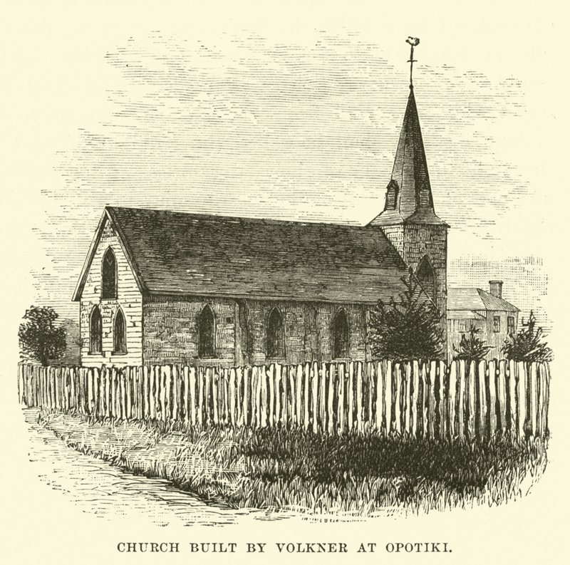 Opotiki de Volkner tarafından yaptırılan kilise by English School