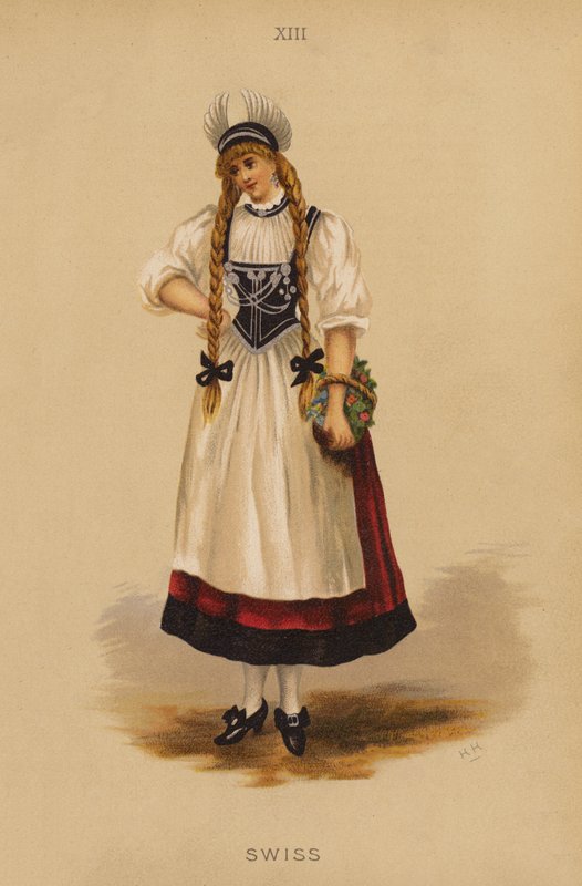 Süslü elbise kıyafetleri: İsviçre (renkli litho) by English School