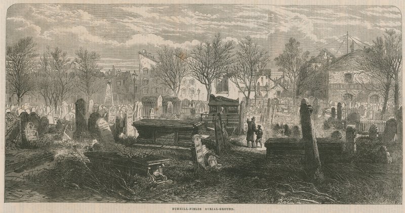 Bunhill Fields mezarlığının genel görünümü by English School