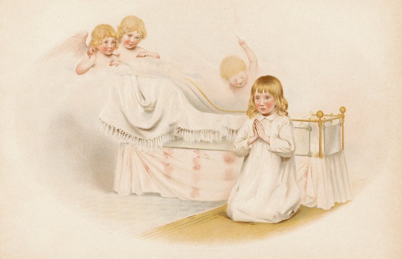 Yatağının yanında dua eden kız (chromolitho) by English School