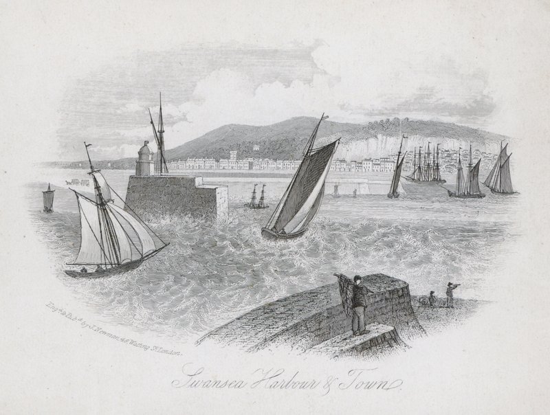 Liman ve kasaba, Swansea, Galler (gravür) by English School