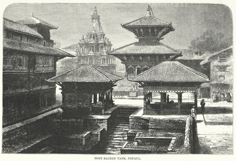 En Kutsal Tank, Nepal (gravür) by English School