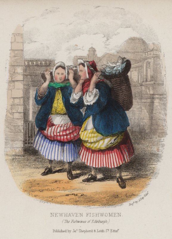 Newhaven balık kadınları, Edinburgh (renkli gravür) by English School