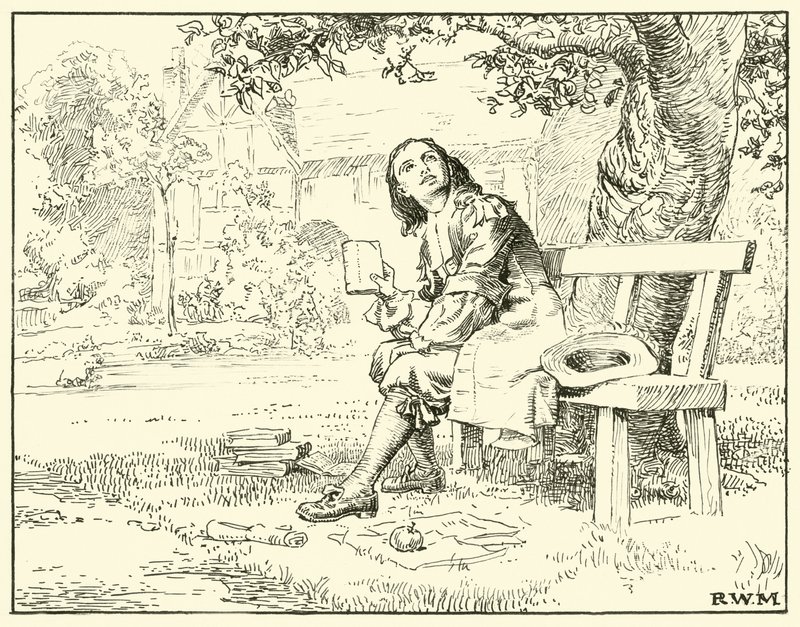 Newton ve Elma (kağıt üzerine mürekkep) by English School