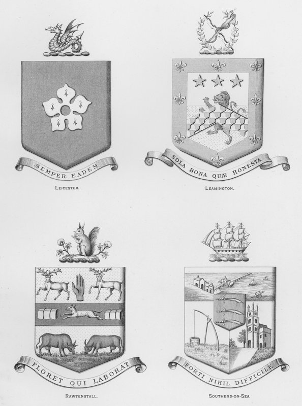 Kamu silahları: Leicester; Leamington; Rawtenstall; Southend-on-Sea (gravür) by English School