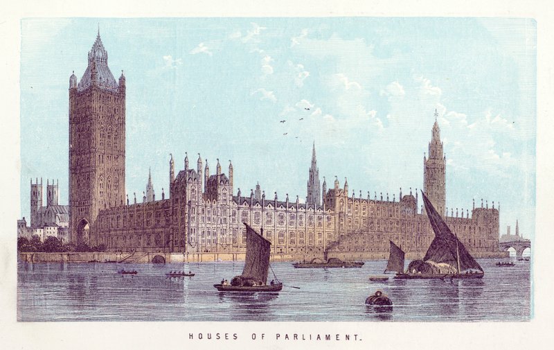 Thames Nehri: Parlamento Evleri (renkli gravür) by English School