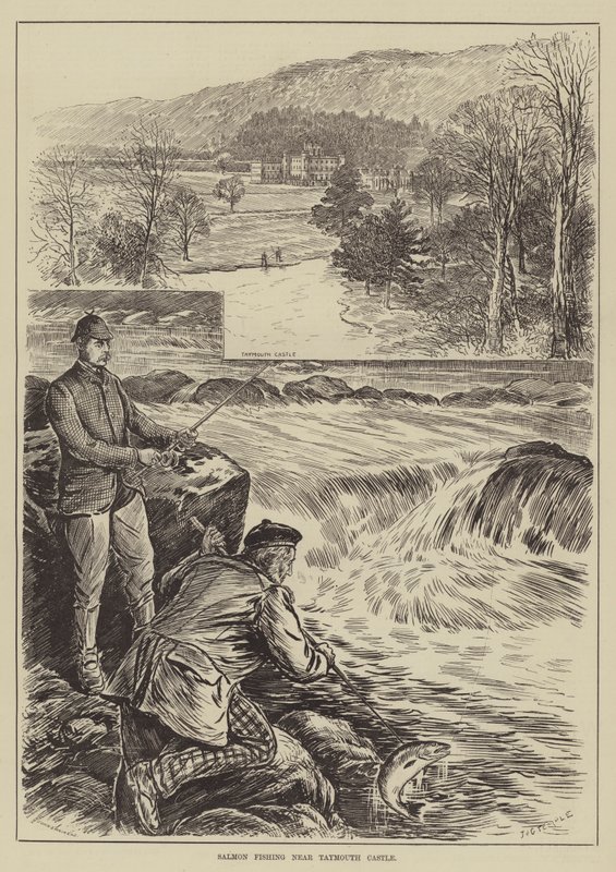 Taymouth Kalesi yakınında somon balıkçılığı (gravür) by English School