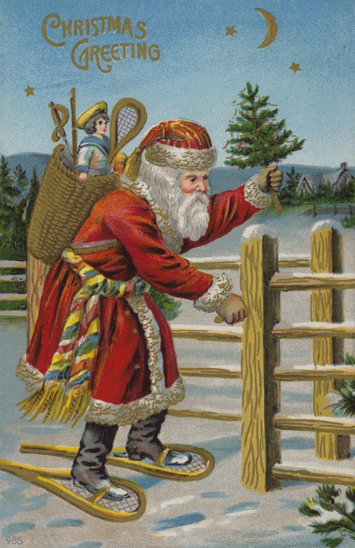Kar ayakkabıları üzerinde Noel Baba (chromolitho) by English School