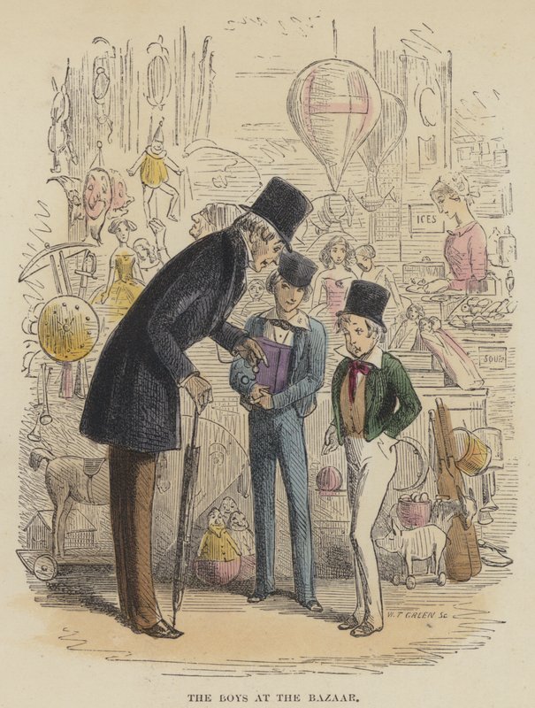 The Boys at the Bazaar (renkli gravür) by English School