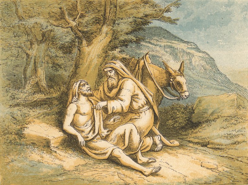 The Good Samaritan (renkli gravür) by English School