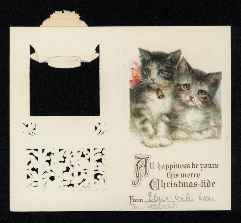 İki yavru kedi, Noel tebrik kartı. (kromolito) by English School